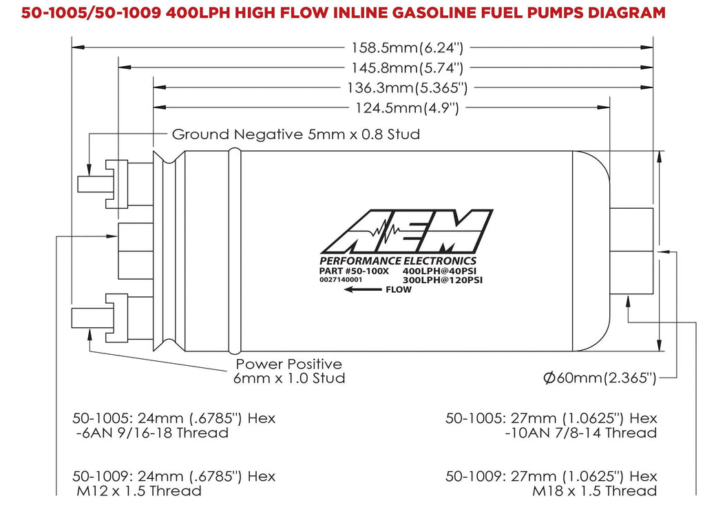 AEM High Flow Inline Fuel Pump, 400LPH @ 40 psi - 10AN Inlet - 6AN Outlet