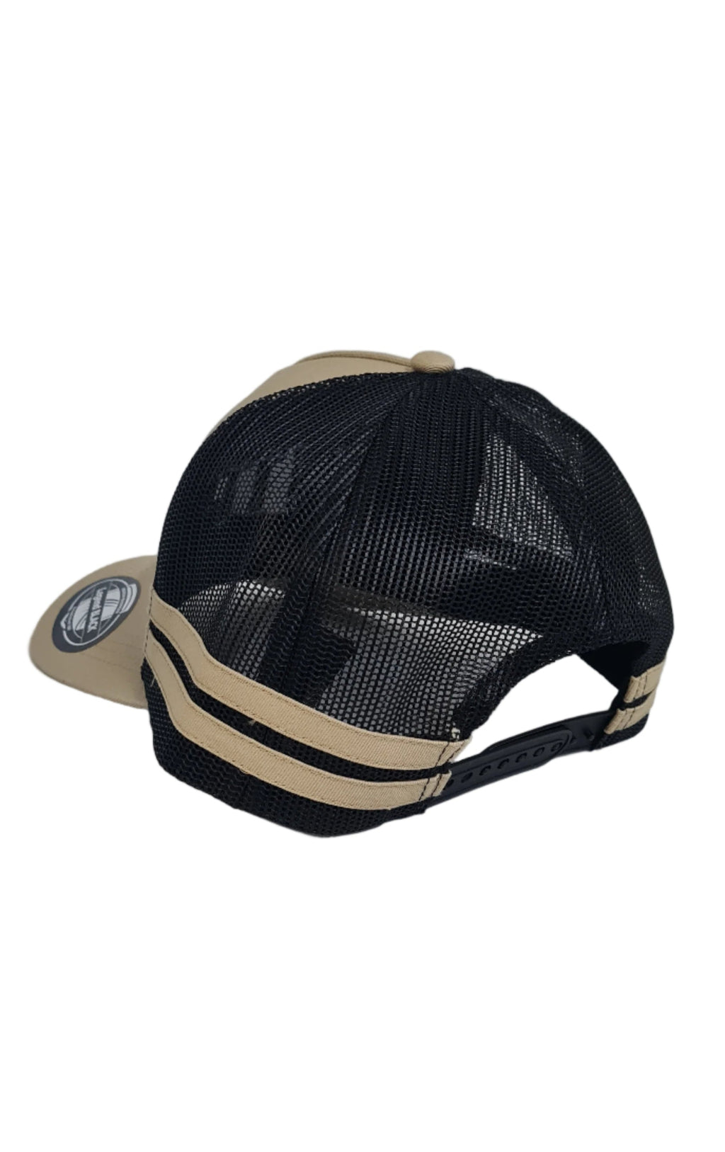 Black mesh cap with beige accents on a white surface