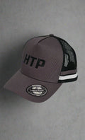 Gray cap with black logo and text on a white background