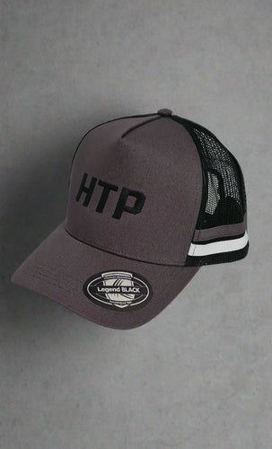 Gray cap with black logo and text on a white background