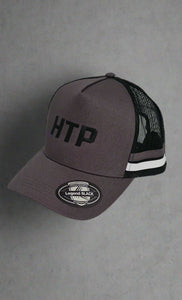 Gray cap with black logo and text on a white background
