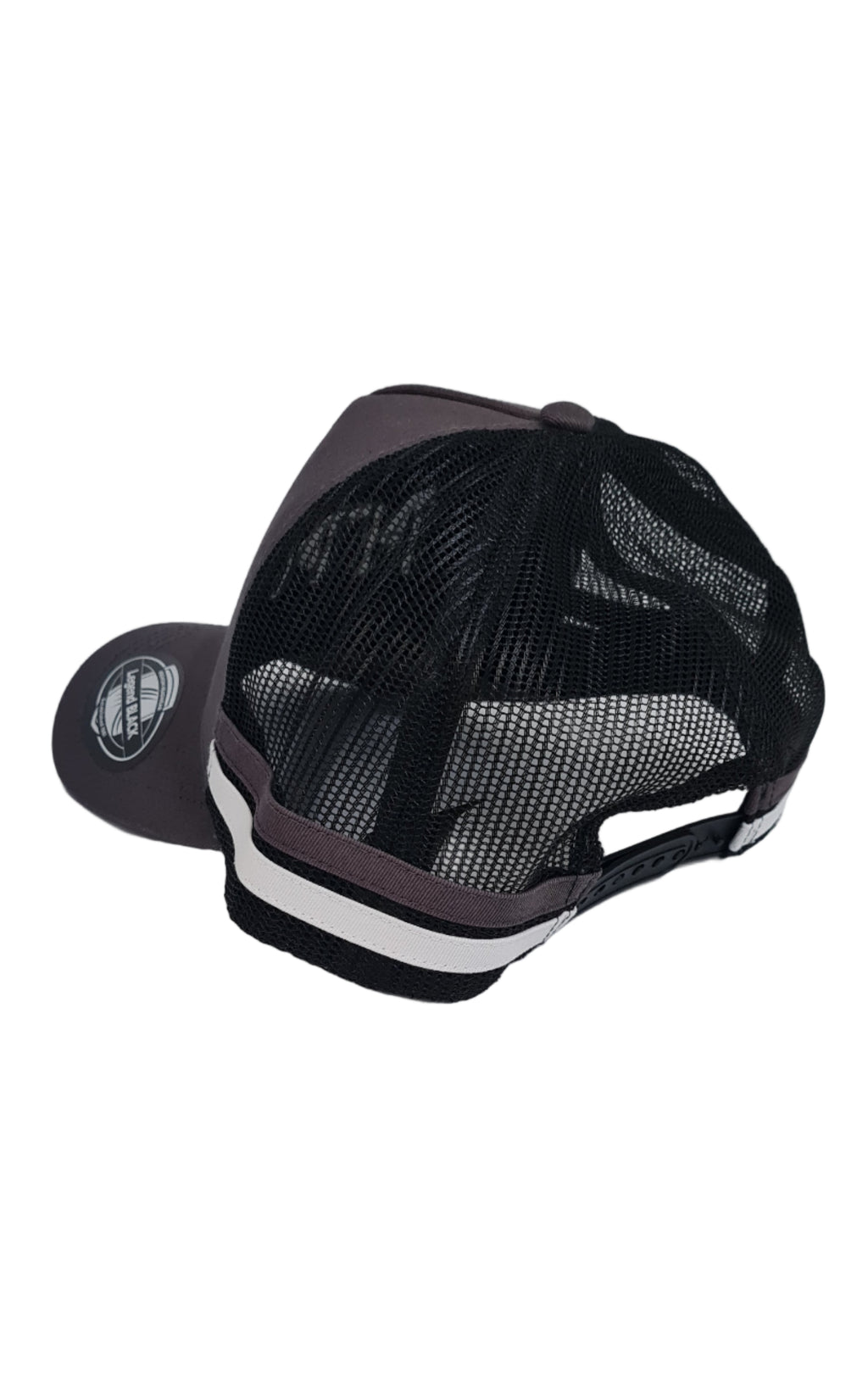 Black and gray cap with mesh design on a white background