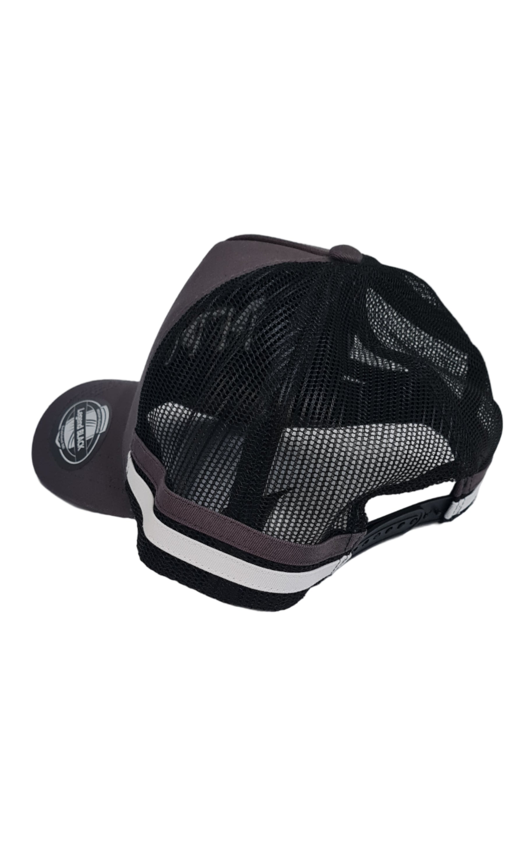 Black and gray cap with mesh design on a white background
