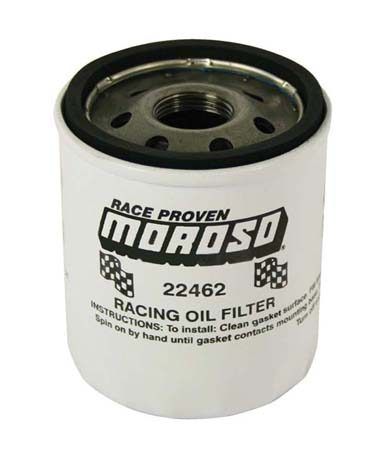 Moroso Racing Oil Filter, GM LS Series, 1997-2006 with 13/16" -16 UNF thread, short design (3-1/2" high)