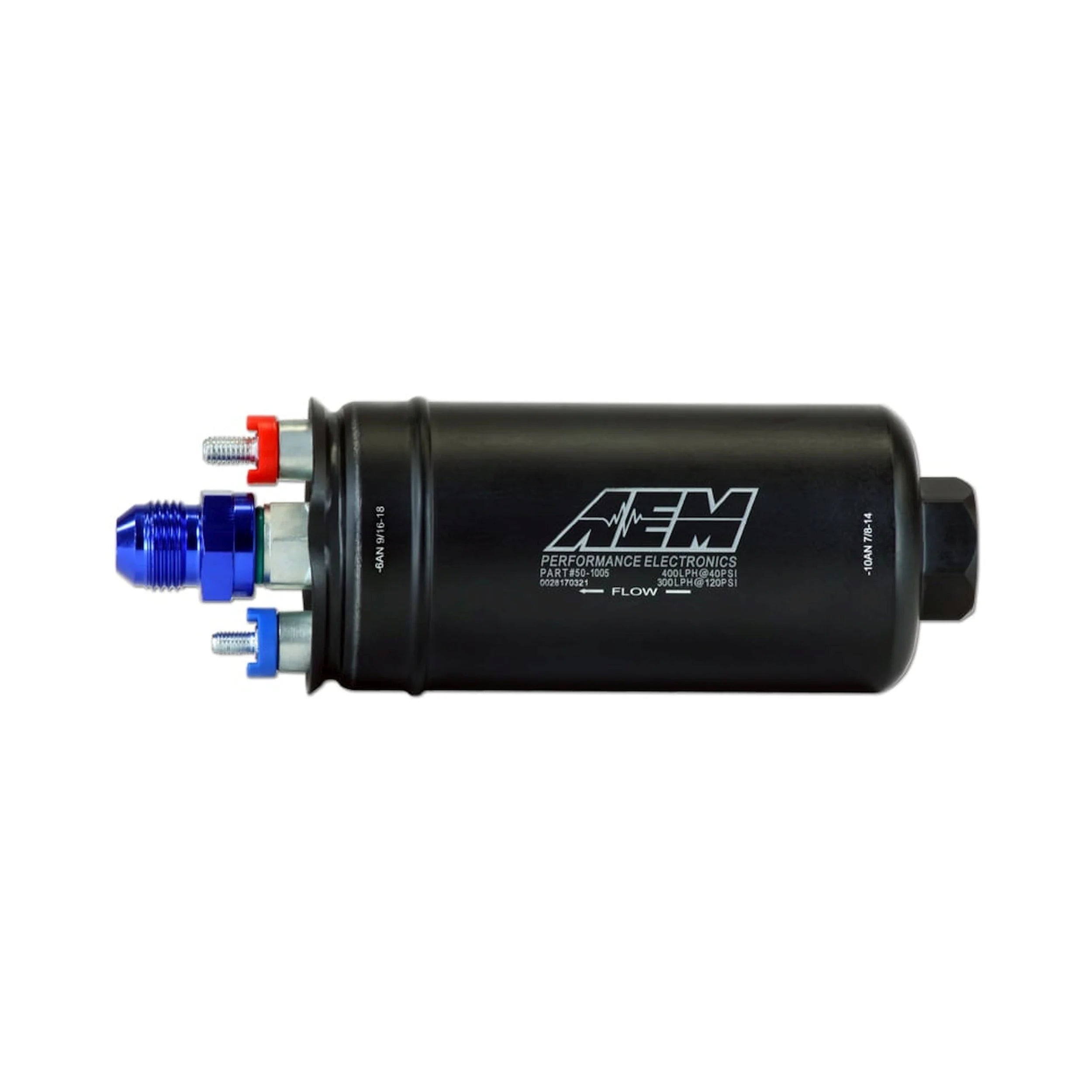 AEM High Flow Inline Fuel Pump, 400LPH @ 40 psi - 10AN Inlet - 6AN Outlet