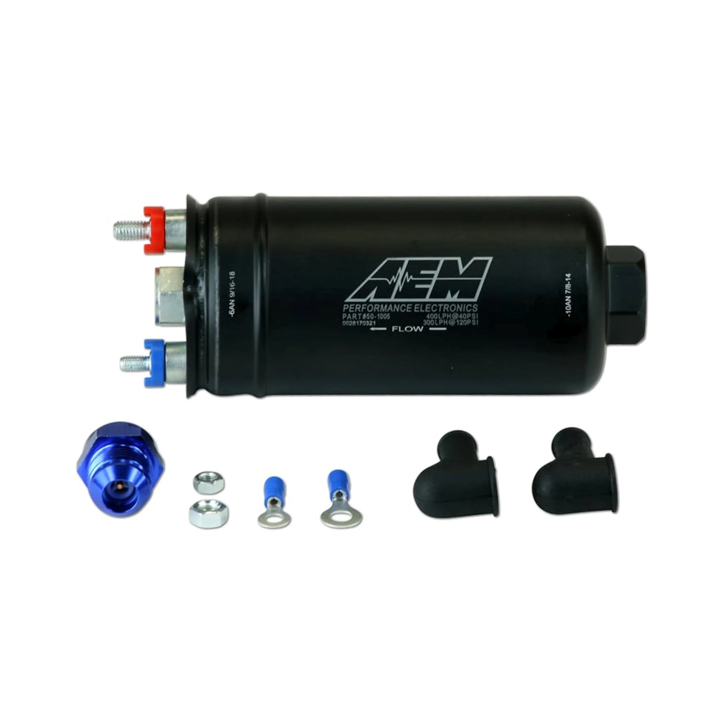 AEM High Flow Inline Fuel Pump, 400LPH @ 40 psi - 10AN Inlet - 6AN Outlet