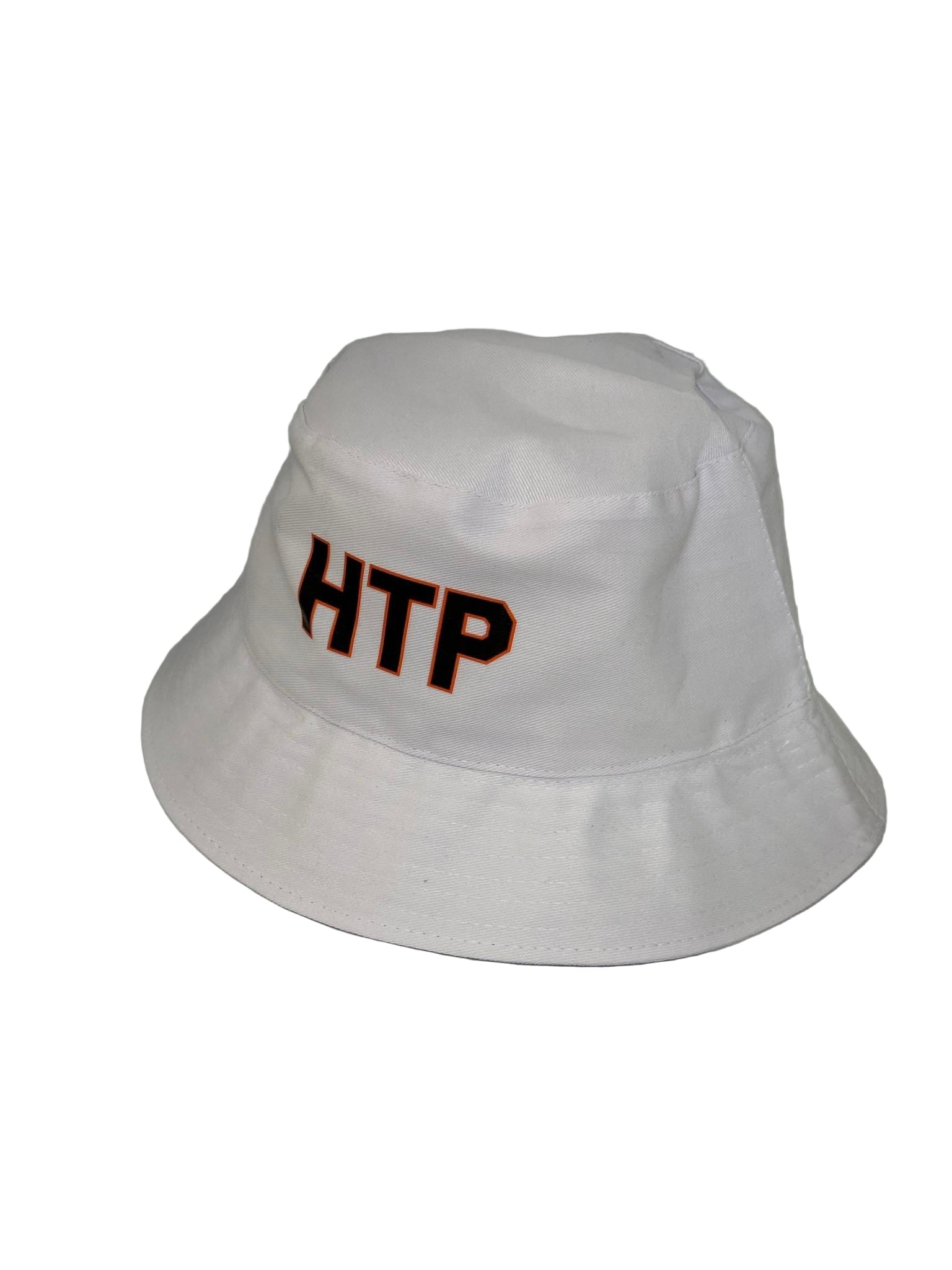 White bucket hat with 'HTP' text on a white background