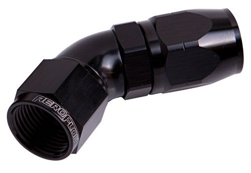 Aeroflow 500 / 550 Series Cutter Style One Piece Full Flow Swivel 45° Hose End. Suits 100 & 450 Series Hose