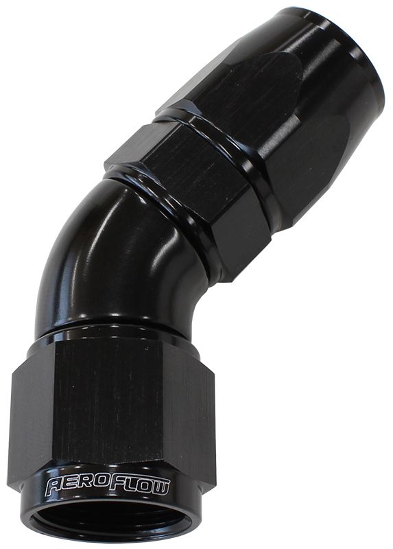 Aeroflow 200 / 570 Series PTFE 45° Hose End, Black Finish. Suits 200 & 250 Series Hose