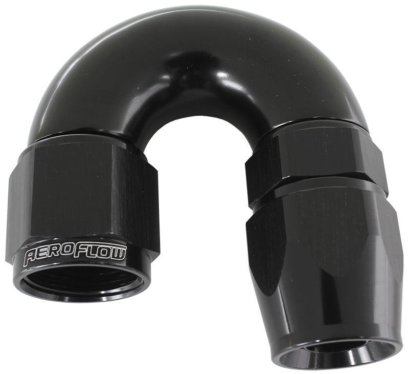 Aeroflow 200 / 570 Series PTFE 180° Hose End, Black Finish. Suits 200 & 250 Series Hose