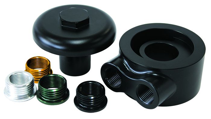 Aeroflow Billet Oil Filter Block Adapter, 90° Low Profile, Universal fitment