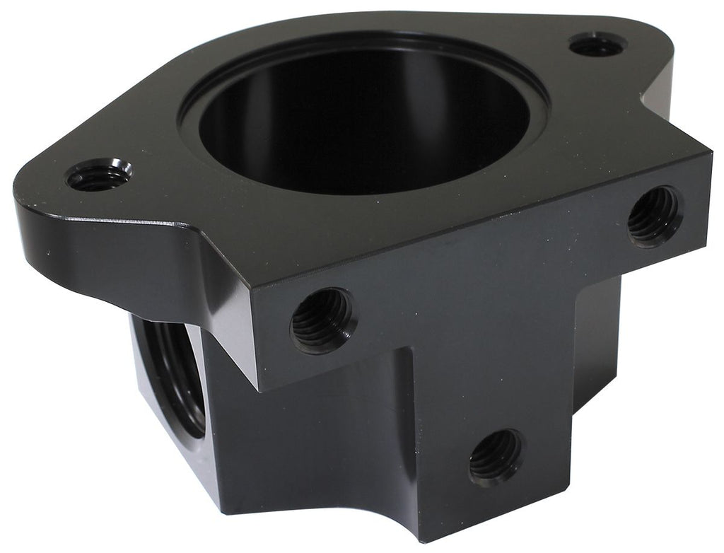 Aeroflow Billet Remote Thermostat Housing - Black With -12ORB Ports, Use With Chev Thermostat Housing