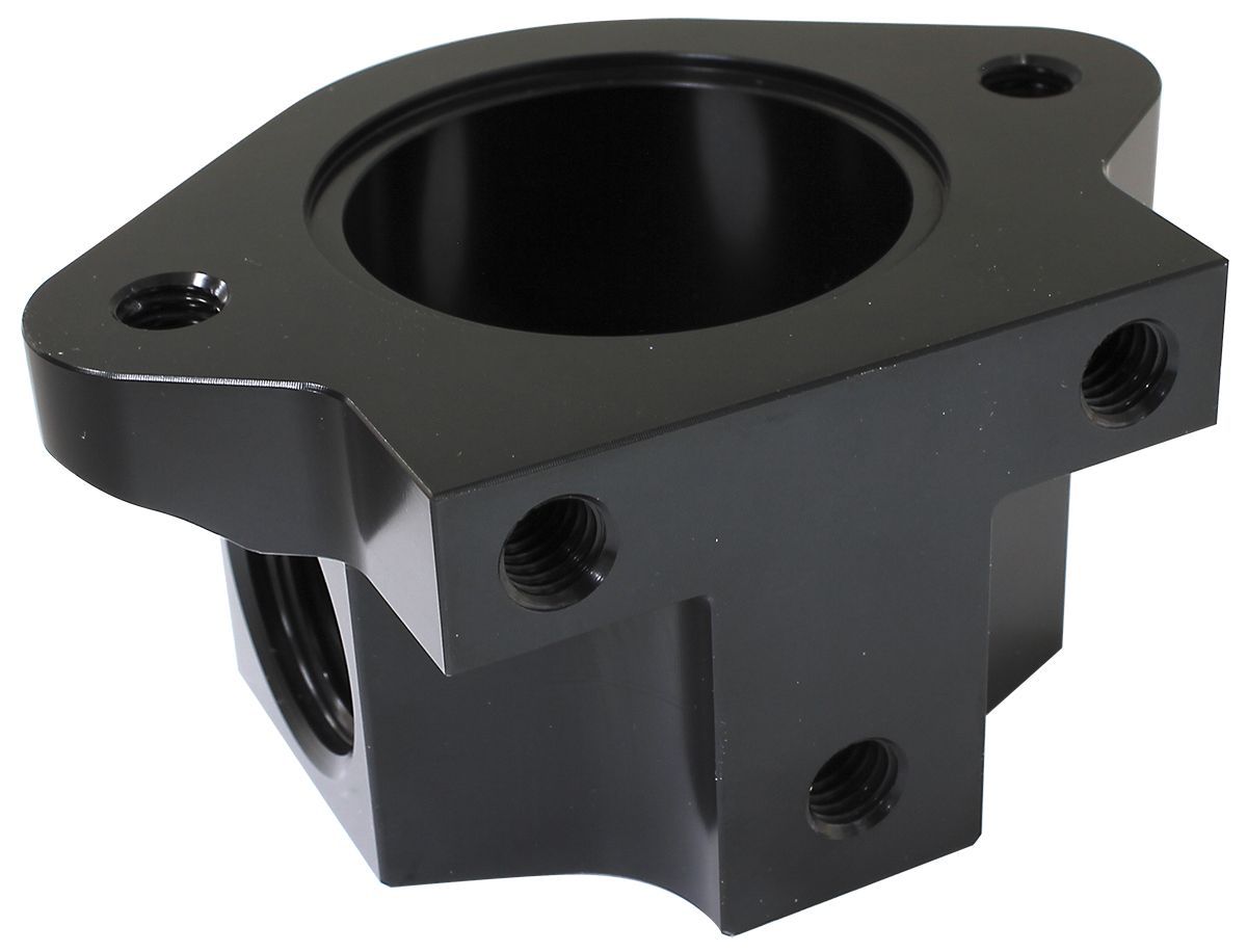 Aeroflow Billet Remote Thermostat Housing - Black With -12ORB Ports, Use With Chev Thermostat Housing