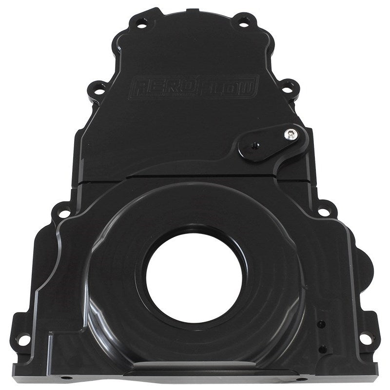 Aeroflow GM LS 2-Piece Billet Timing Cover - Black Finish Includes Mounting Hardware and Cam Sensor Plug