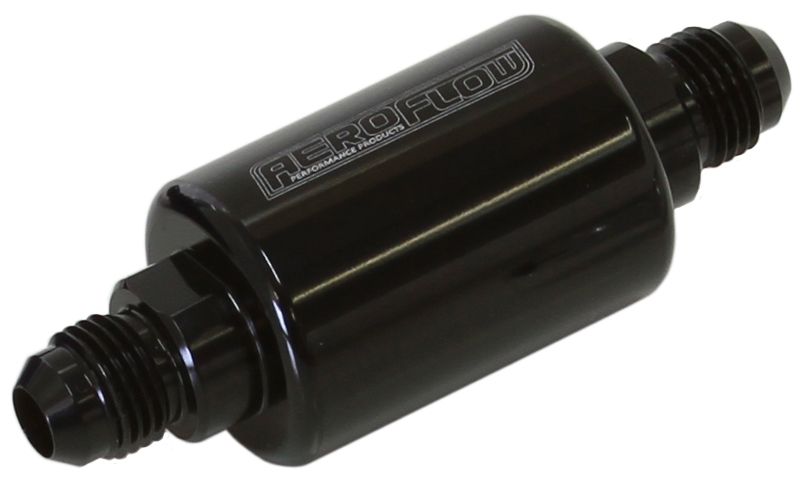 Aeroflow Billet Fuel Filter -6AN 40 micron Stainless Steel element, 1.25" x 3" L, Black finish
