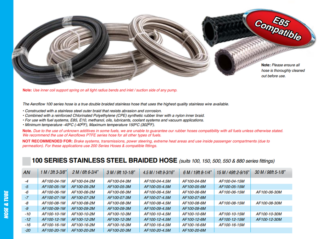 Aeroflow 100 Series Stainless Steel Braided Hose -4 to -20