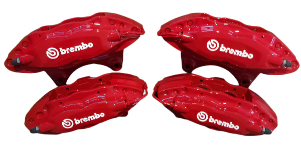Four red Brembo brake calipers 