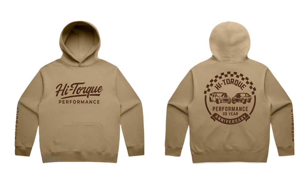 Sand hoodie with 'Hi-Torque Performance' branding 