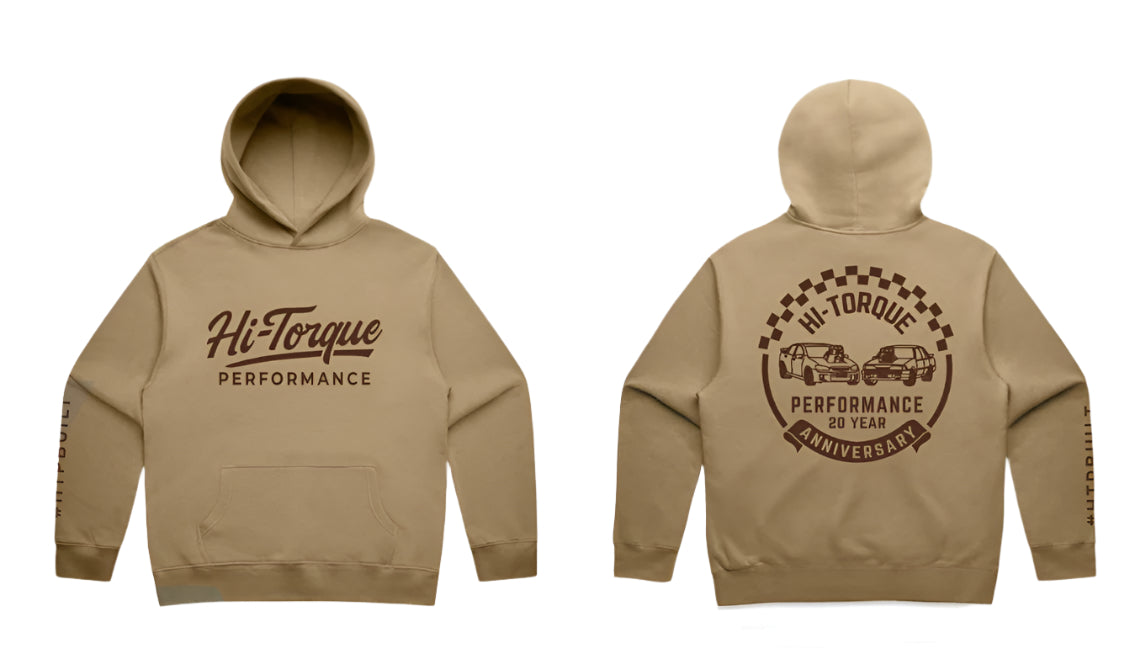 Sand hoodie with 'Hi-Torque Performance' branding 