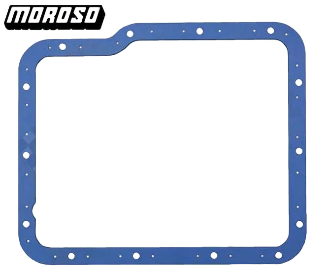 Blue oil pan gasket with 'Moroso' branding on a white background