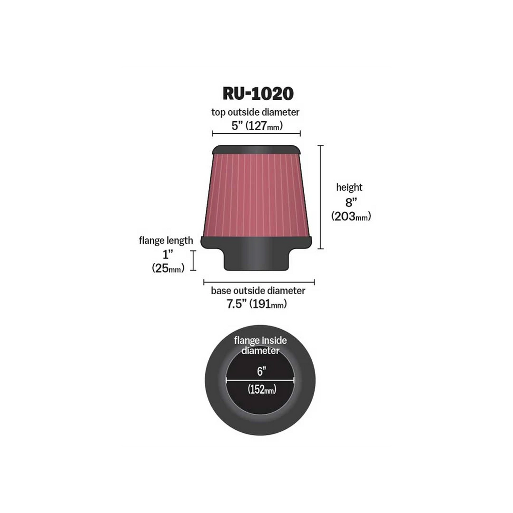 K&N Round Tapered Universal Air Filter 6" Flange, 8" Height