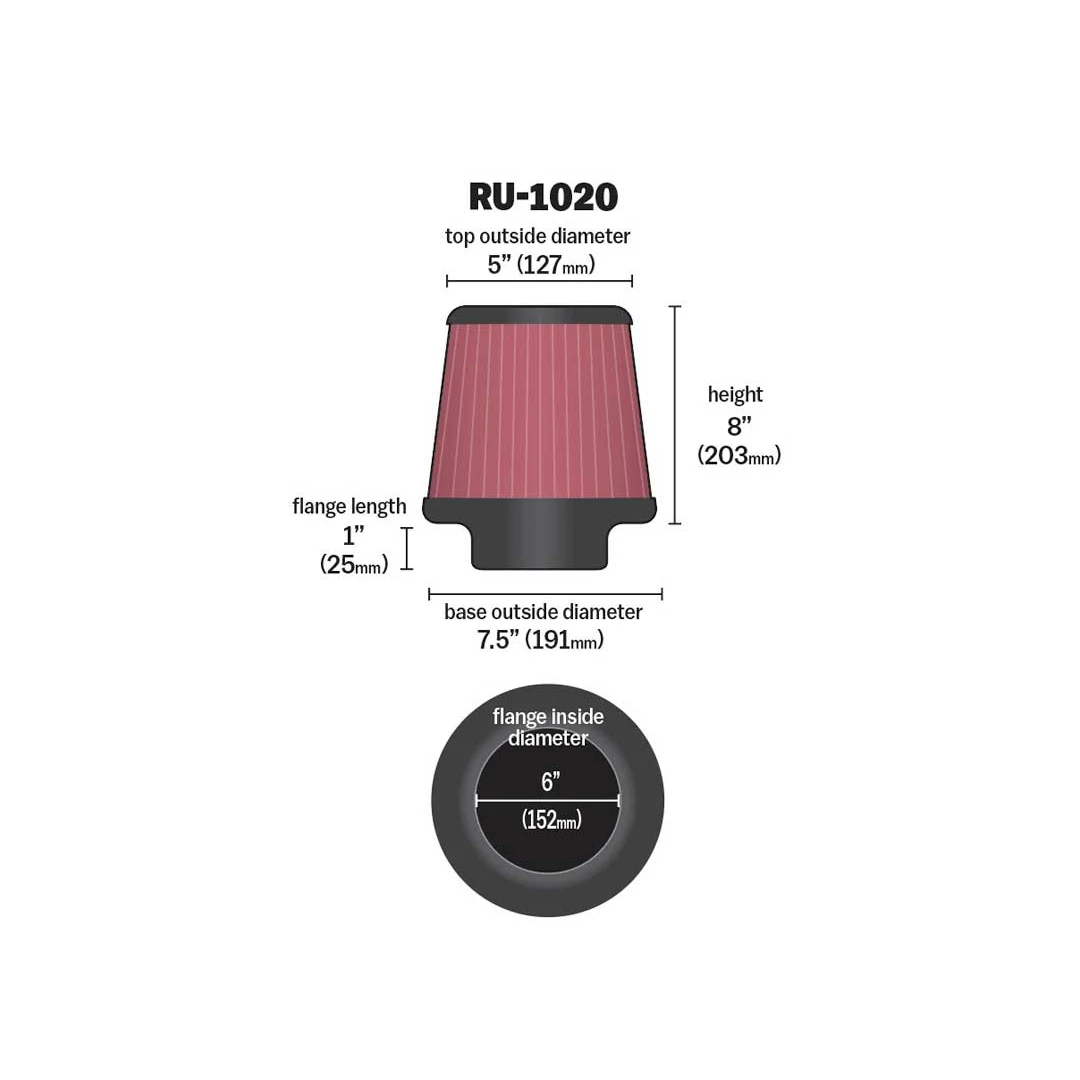 K&N Round Tapered Universal Air Filter 6" Flange, 8" Height