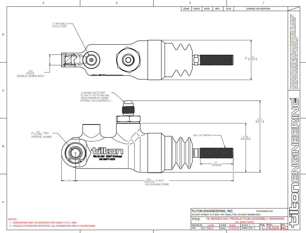 Tilton Brake Master Cylinder, 3/4" Bore, 78-Series