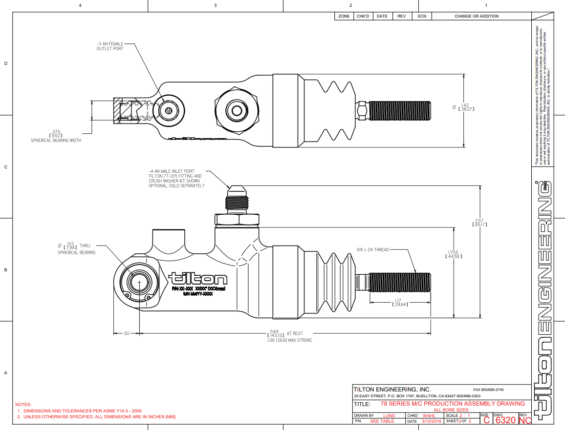 Tilton Brake Master Cylinder, 3/4" Bore, 78-Series