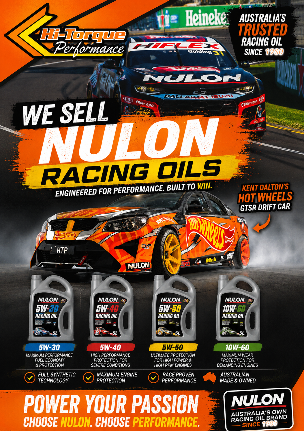 Advertisement for Nulon racing oils featuring two cars on a racetrack.