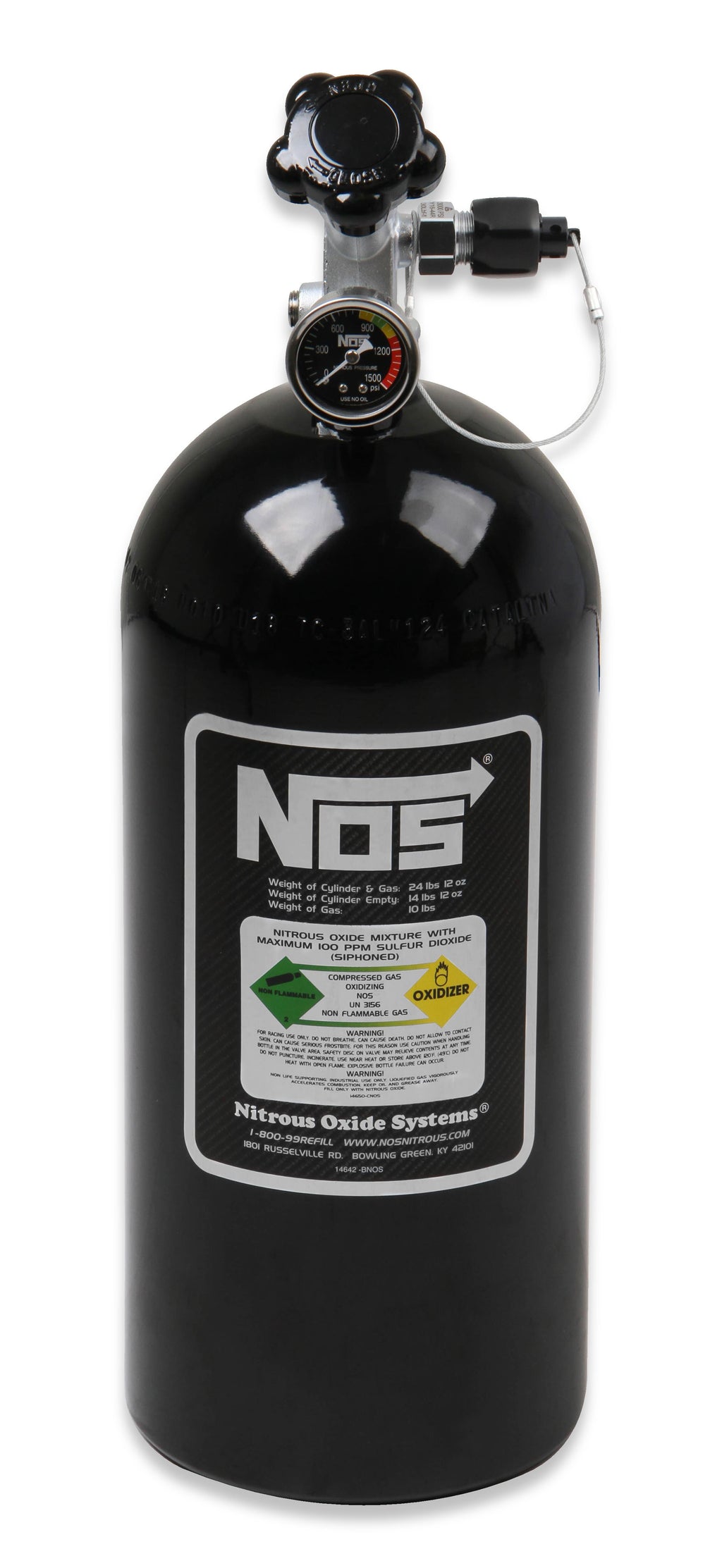 NOS 10 lb Nitrous Bottle With Black Finish & Super Hi Flo Valve - Includes Racer Safety Blow-Off & Gauge