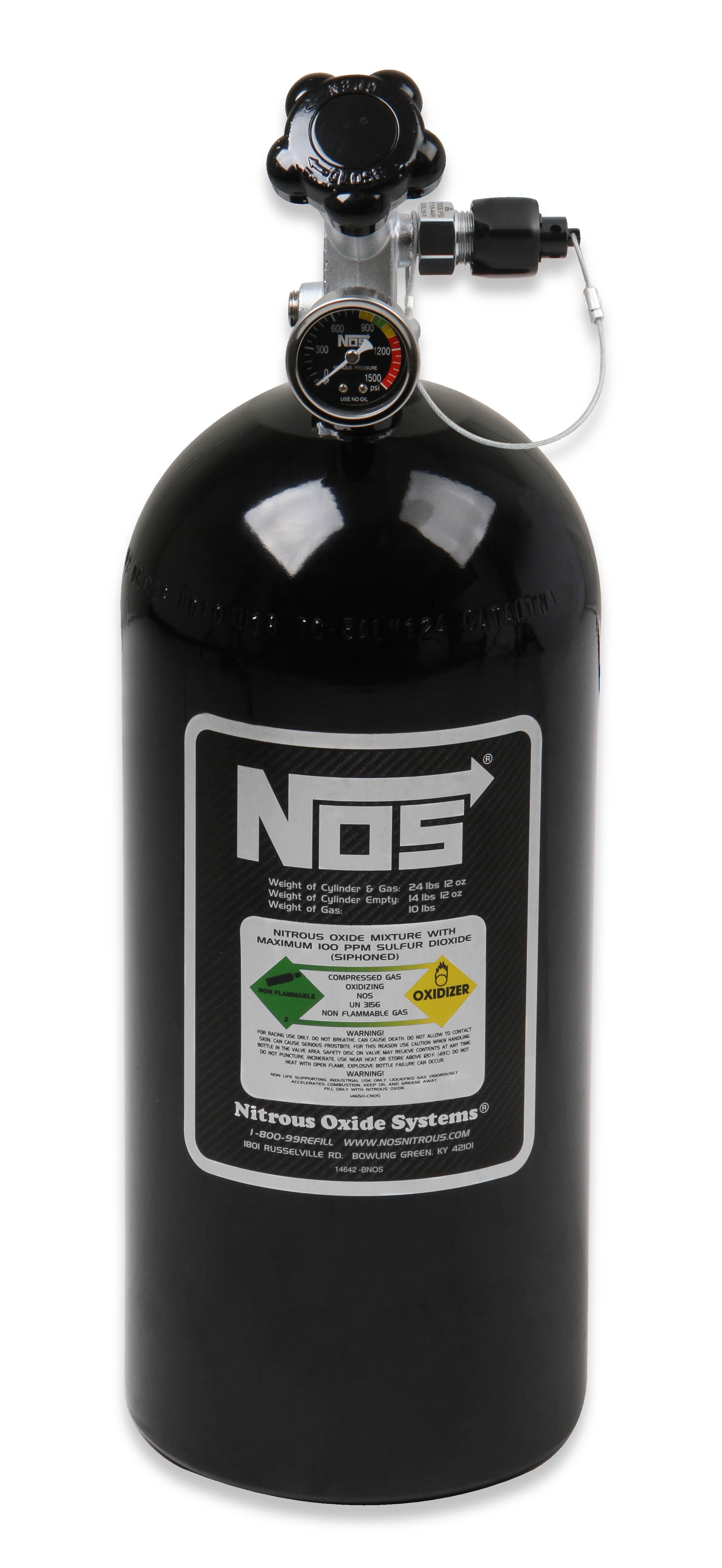 NOS 10 lb Nitrous Bottle With Black Finish & Super Hi Flo Valve - Includes Racer Safety Blow-Off & Gauge