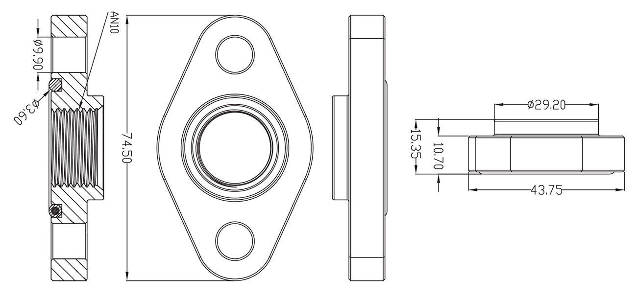 Aeroflow Turbo Drain Adapter  -10AN ORB outlet, 52.4mm bolt centre, Black Finish