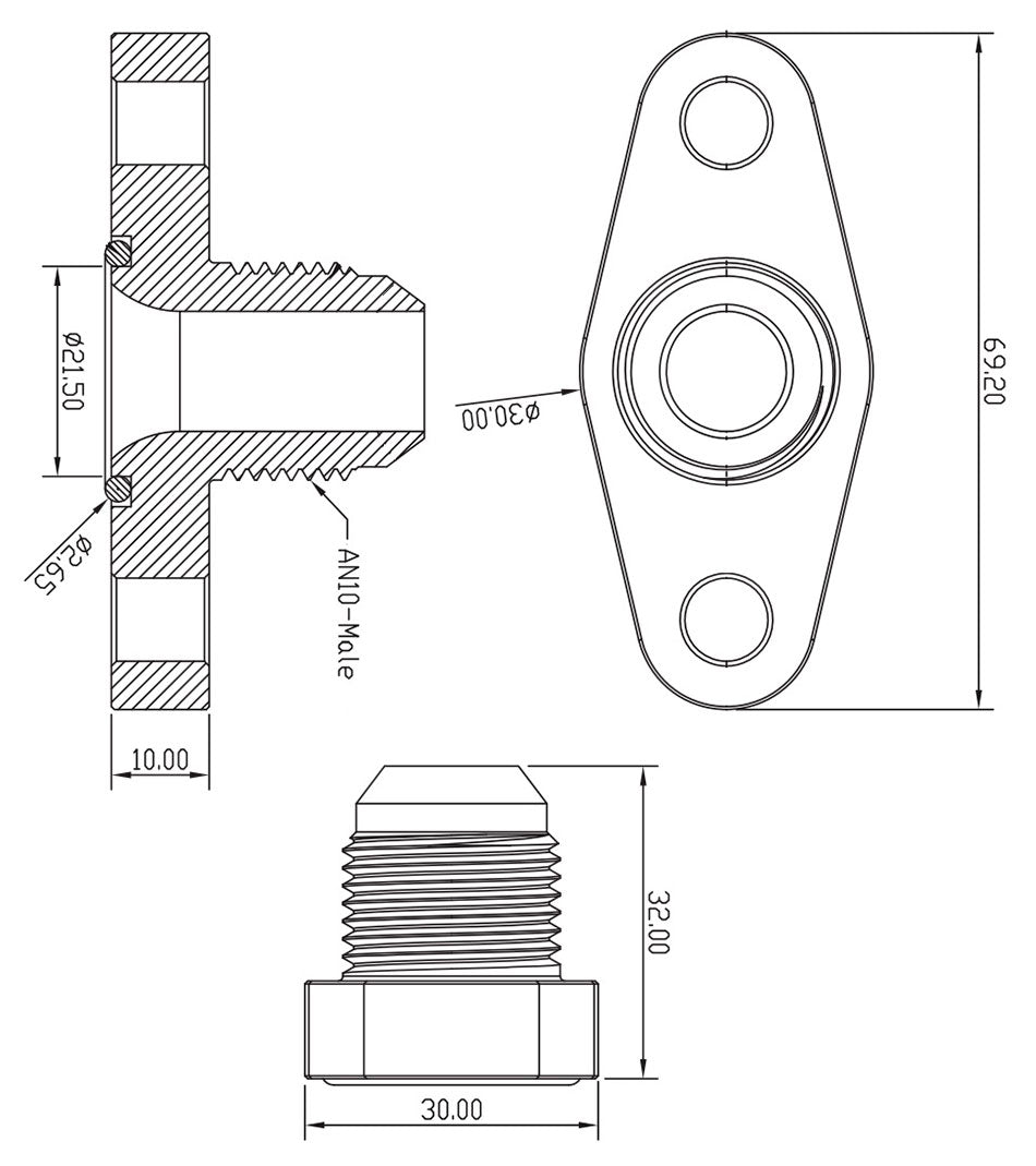 Aeroflow Turbo Drain Adapter  -10AN Male outlet, 51mm bolt centre, Black Finish