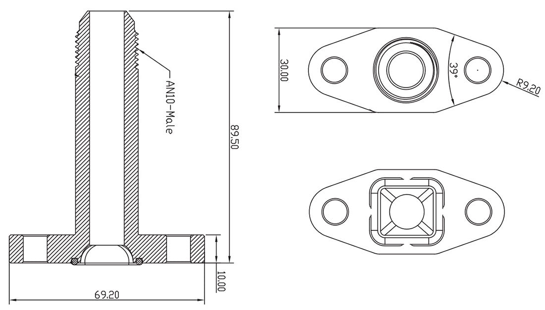 Aeroflow Turbo Drain Adapter  -10AN Male outlet, 51mm bolt centre, Black Finish